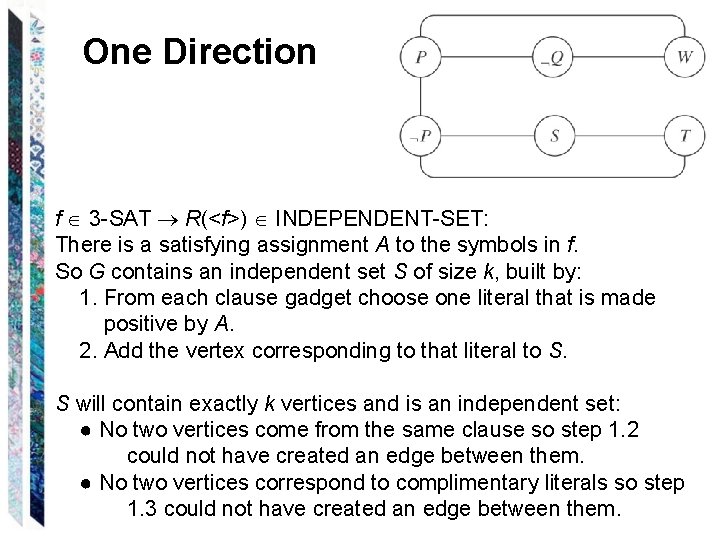 One Direction f 3 -SAT R(<f>) INDEPENDENT-SET: There is a satisfying assignment A to