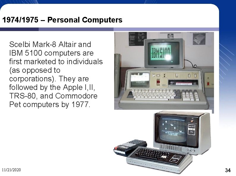 1974/1975 – Personal Computers Scelbi Mark-8 Altair and IBM 5100 computers are first marketed