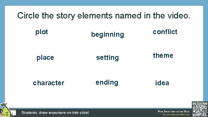 Circle the story elements named in the video. plot place character beginning conflict setting