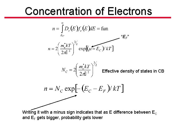 Concentration of Electrons “EF” Effective density of states in CB Writing it with a