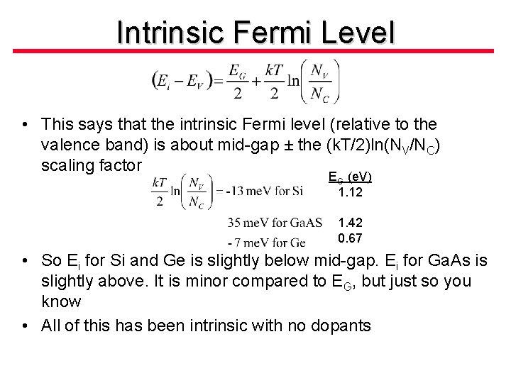 Intrinsic Fermi Level • This says that the intrinsic Fermi level (relative to the