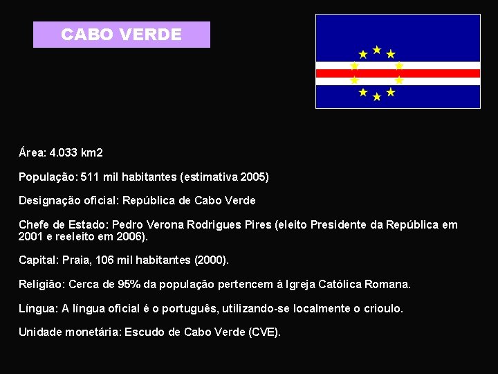 CABO VERDE Área: 4. 033 km 2 População: 511 mil habitantes (estimativa 2005) Designação