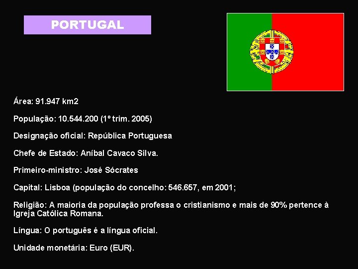 PORTUGAL Área: 91. 947 km 2 População: 10. 544. 200 (1º trim. 2005) Designação