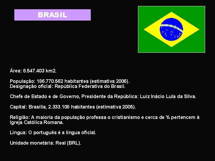 BRASIL Área: 8. 547. 403 km 2. População: 186. 770. 562 habitantes (estimativa 2006).