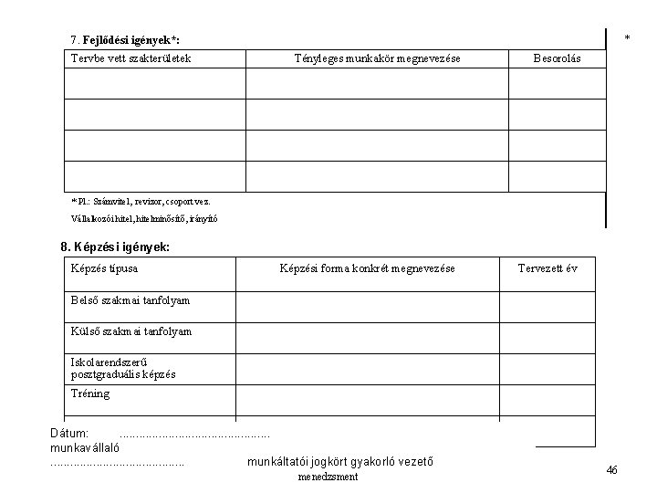 * 7. Fejlődési igények*: Tervbe vett szakterületek Tényleges munkakör megnevezése Besorolás * Pl. :