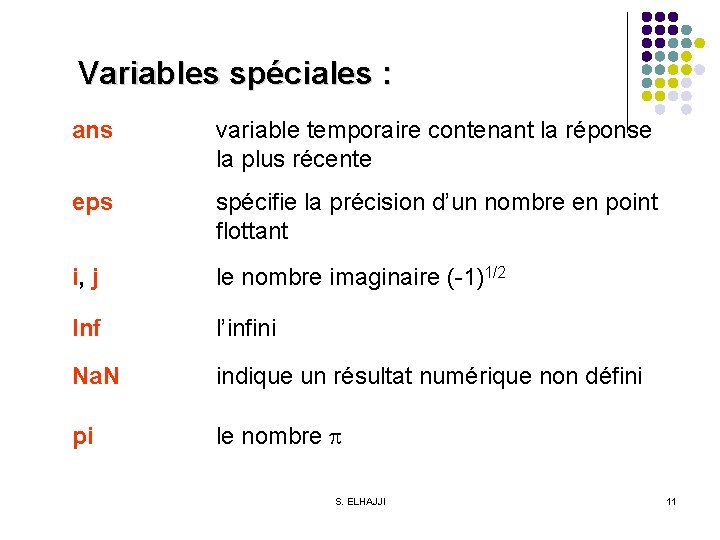 Variables spéciales : ans variable temporaire contenant la réponse la plus récente eps spécifie