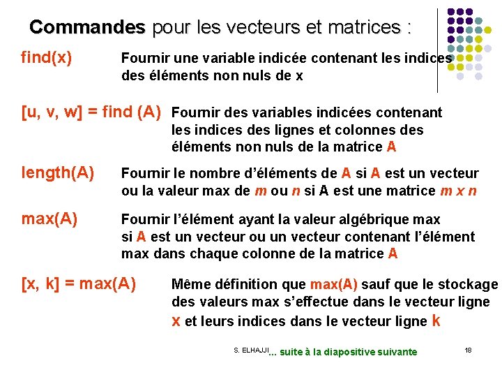 Commandes pour les vecteurs et matrices : find(x) Fournir une variable indicée contenant les
