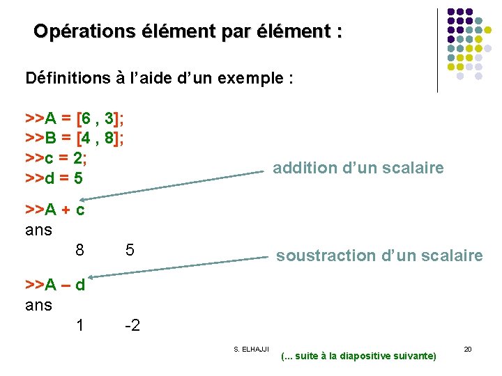 Opérations élément par élément : Définitions à l’aide d’un exemple : >>A = [6