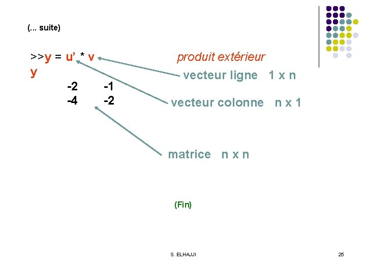 (. . . suite) >>y = u’ * v y -2 -1 -4 -2