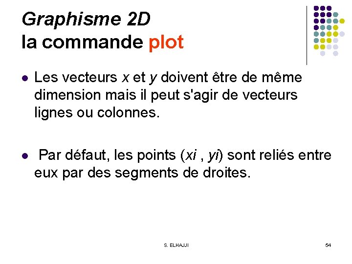 Graphisme 2 D la commande plot l Les vecteurs x et y doivent être