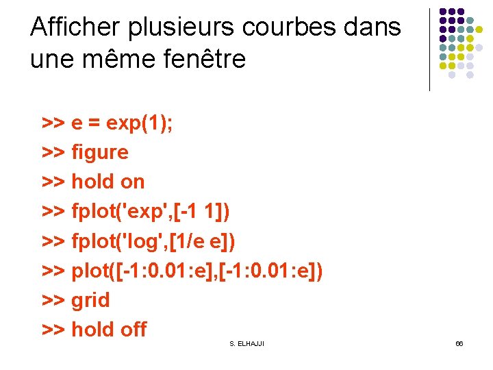 Afficher plusieurs courbes dans une même fenêtre >> e = exp(1); >> figure >>