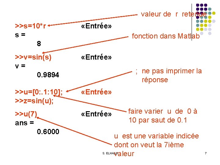 valeur de r retenue >>s=10*r s = 8 «Entrée» >>v=sin(s) v = 0. 9894