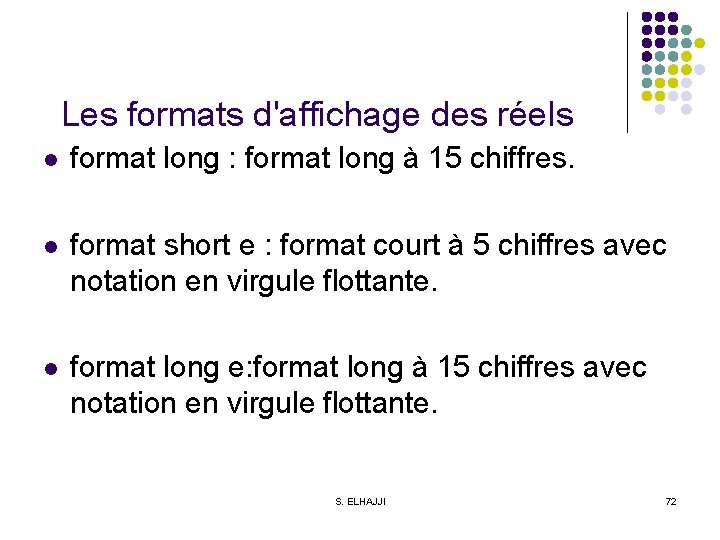 Les formats d'affichage des réels l format long : format long à 15 chiffres.