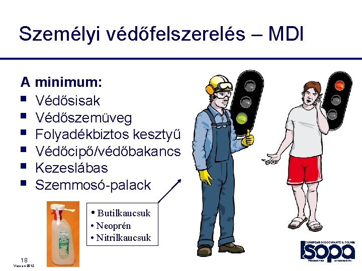 Személyi védőfelszerelés – MDI A minimum: § Védősisak § Védőszemüveg § Folyadékbiztos kesztyű §