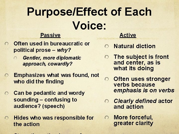 Purpose/Effect of Each Voice: Passive Often used in bureaucratic or political prose – why?