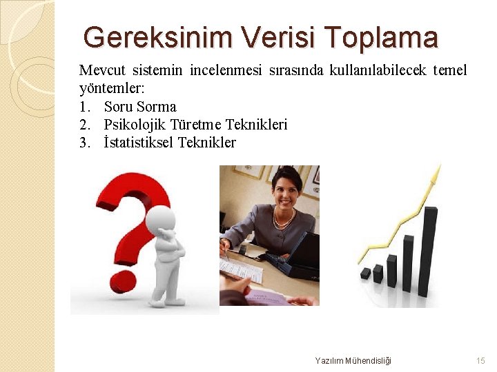 Gereksinim Verisi Toplama Mevcut sistemin incelenmesi sırasında kullanılabilecek temel yöntemler: 1. Soru Sorma 2.