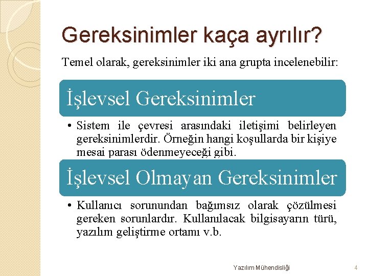 Gereksinimler kaça ayrılır? Temel olarak, gereksinimler iki ana grupta incelenebilir: İşlevsel Gereksinimler • Sistem