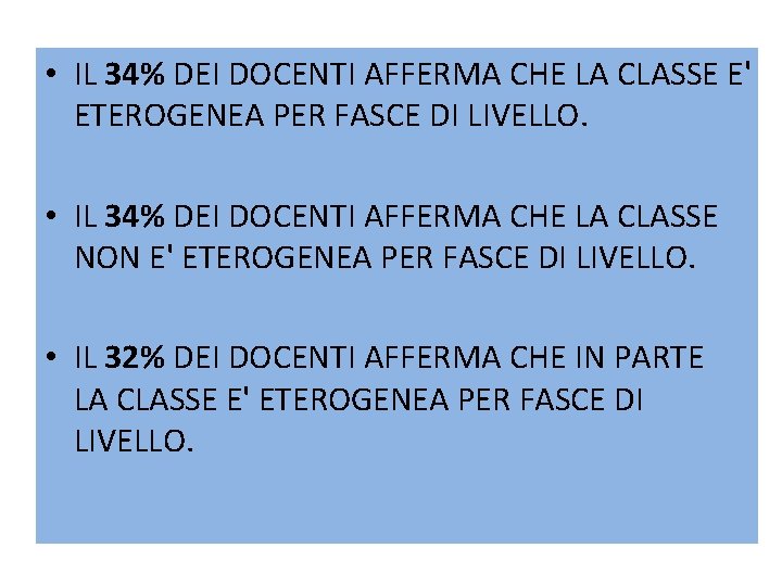  • IL 34% DEI DOCENTI AFFERMA CHE LA CLASSE E' ETEROGENEA PER FASCE