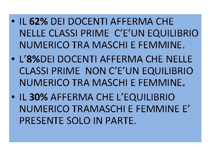  • IL 62% DEI DOCENTI AFFERMA CHE NELLE CLASSI PRIME C’E’UN EQUILIBRIO NUMERICO