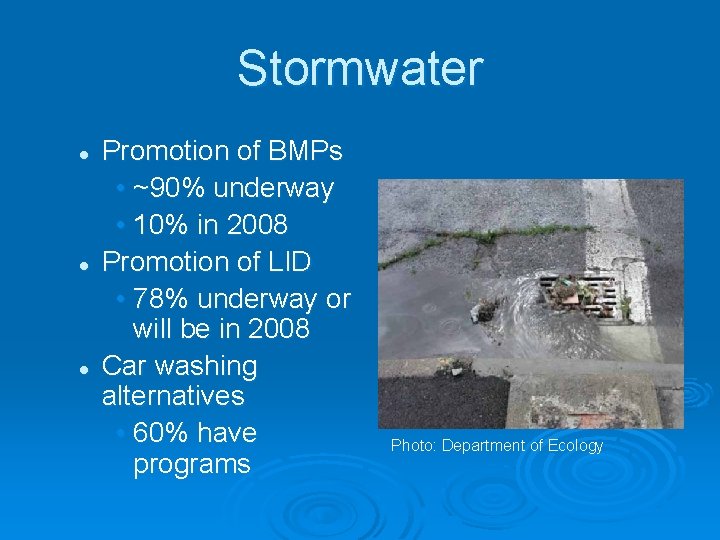Stormwater l l l Promotion of BMPs • ~90% underway • 10% in 2008