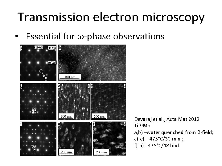 Transmission electron microscopy • Essential for ω-phase observations Devaraj et al. , Acta Mat