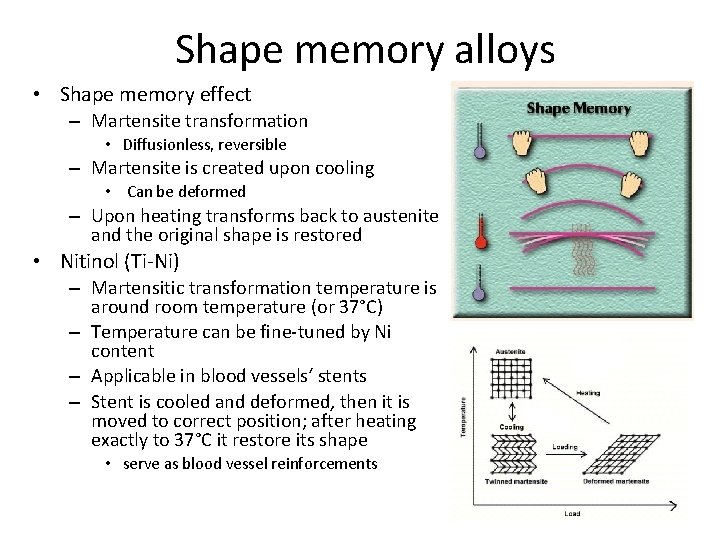 Shape memory alloys • Shape memory effect – Martensite transformation • Diffusionless, reversible –