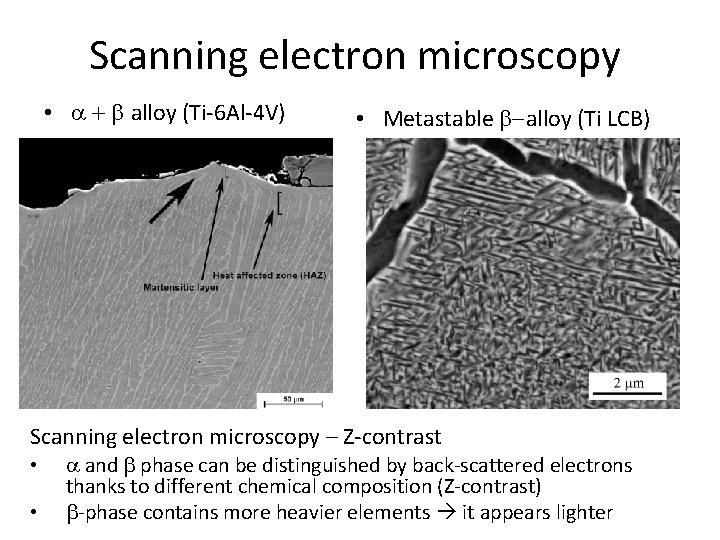 Scanning electron microscopy • a + b alloy (Ti-6 Al-4 V) • Metastable b-alloy