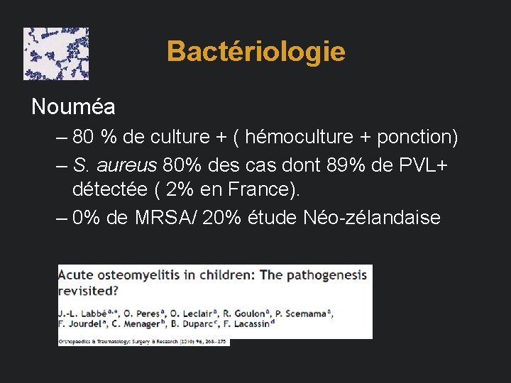 Bactériologie Nouméa – 80 % de culture + ( hémoculture + ponction) – S.