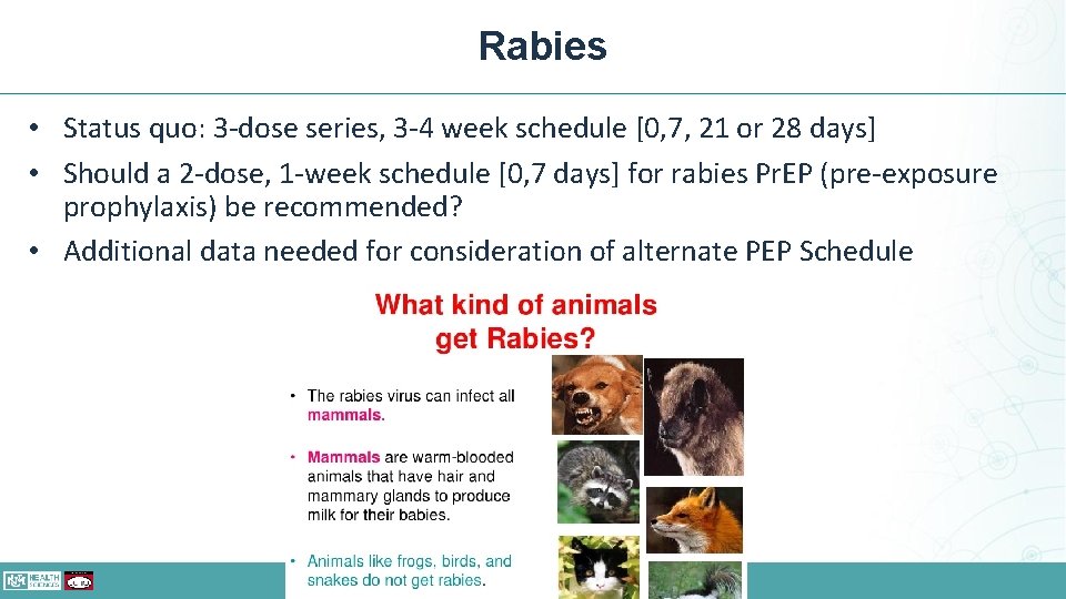 Rabies • Status quo: 3 -dose series, 3 -4 week schedule [0, 7, 21