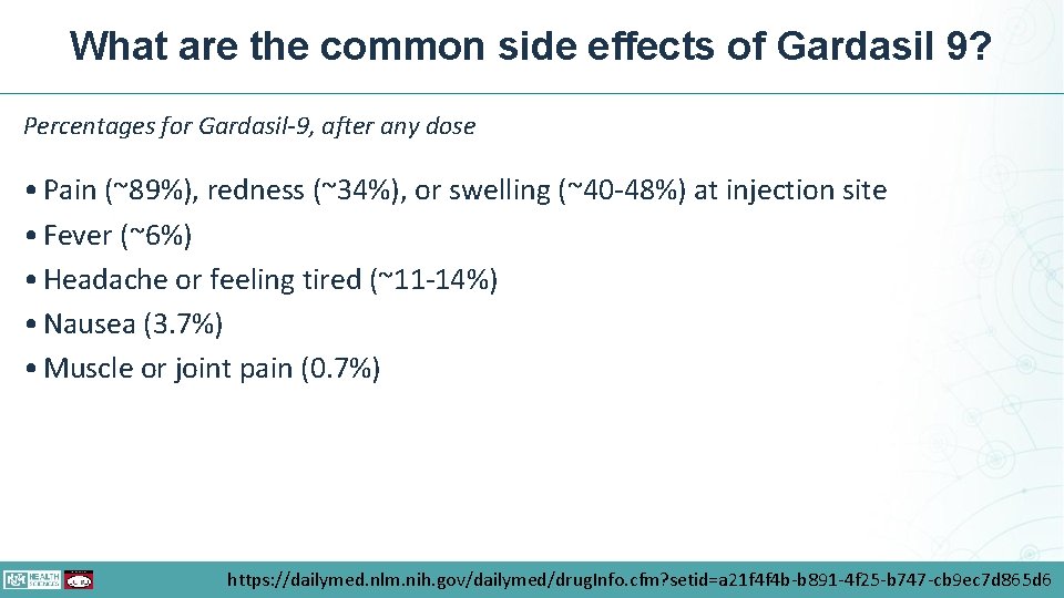 What are the common side effects of Gardasil 9? Percentages for Gardasil-9, after any