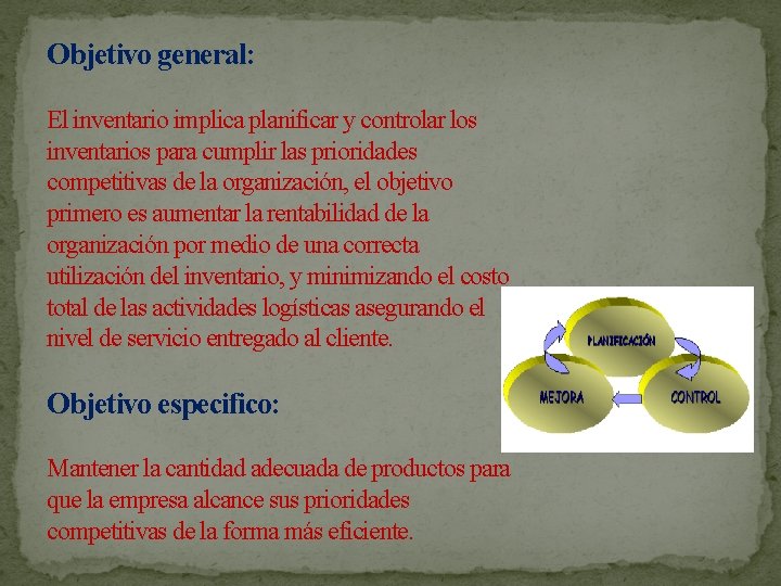 Objetivo general: El inventario implica planificar y controlar los inventarios para cumplir las prioridades