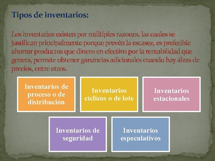 Tipos de inventarios: Los inventarios existen por múltiples razones, las cuales se justifican principalmente