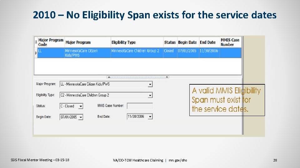 2010 – No Eligibility Span exists for the service dates SSIS Fiscal Mentor Meeting