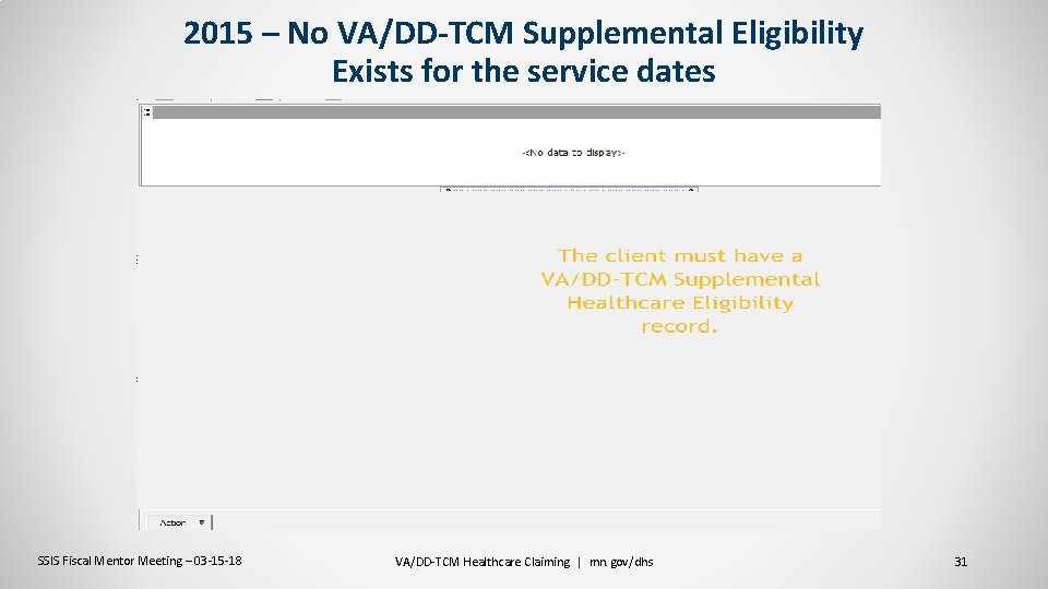 2015 – No VA/DD-TCM Supplemental Eligibility Exists for the service dates SSIS Fiscal Mentor