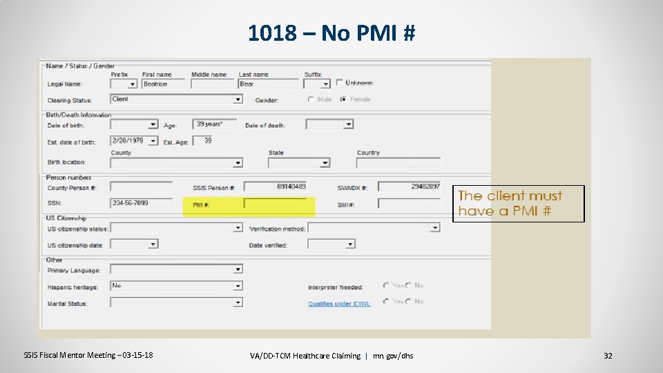 1018 – No PMI # SSIS Fiscal Mentor Meeting – 03 -15 -18 VA/DD-TCM