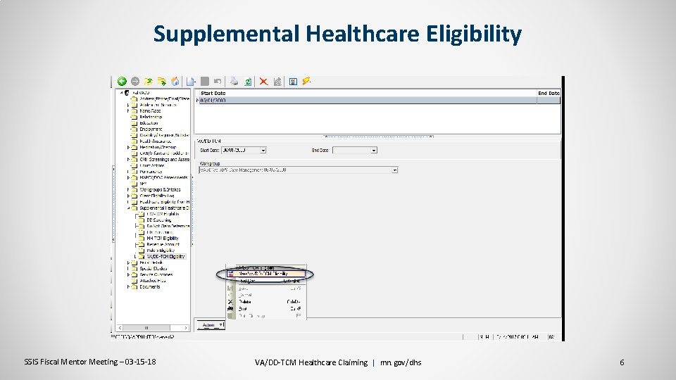 Supplemental Healthcare Eligibility SSIS Fiscal Mentor Meeting – 03 -15 -18 VA/DD-TCM Healthcare Claiming | mn.
