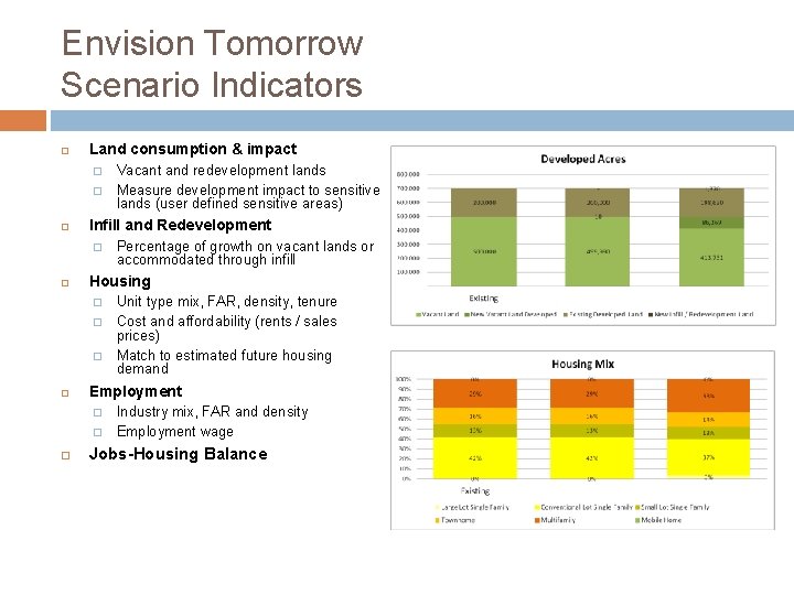 Envision Tomorrow Scenario Indicators Land consumption & impact � � Infill and Redevelopment �