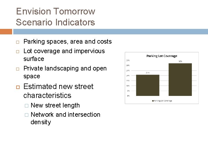 Envision Tomorrow Scenario Indicators Parking spaces, area and costs Lot coverage and impervious surface