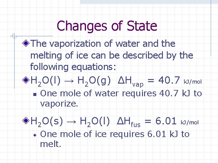 Changes of State The vaporization of water and the melting of ice can be