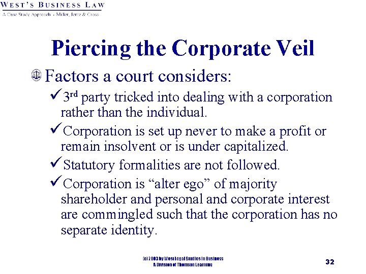 Piercing the Corporate Veil Factors a court considers: ü 3 rd party tricked into