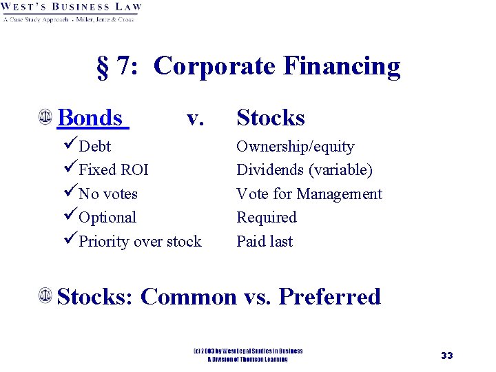 § 7: Corporate Financing Bonds v. üDebt üFixed ROI üNo votes üOptional üPriority over