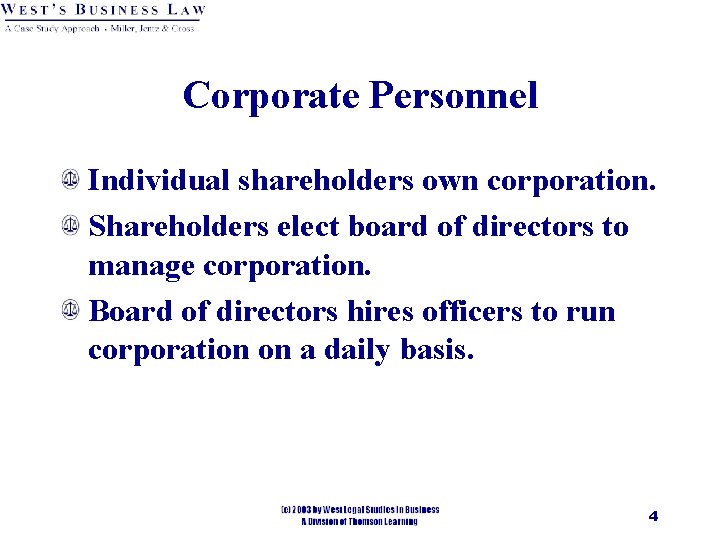 Corporate Personnel Individual shareholders own corporation. Shareholders elect board of directors to manage corporation.