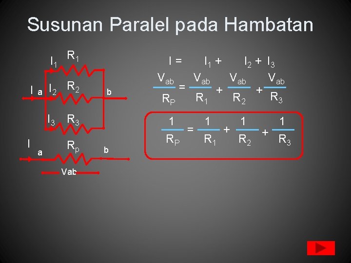 Susunan Paralel pada Hambatan I 1 R 1 I a I 2 R 2