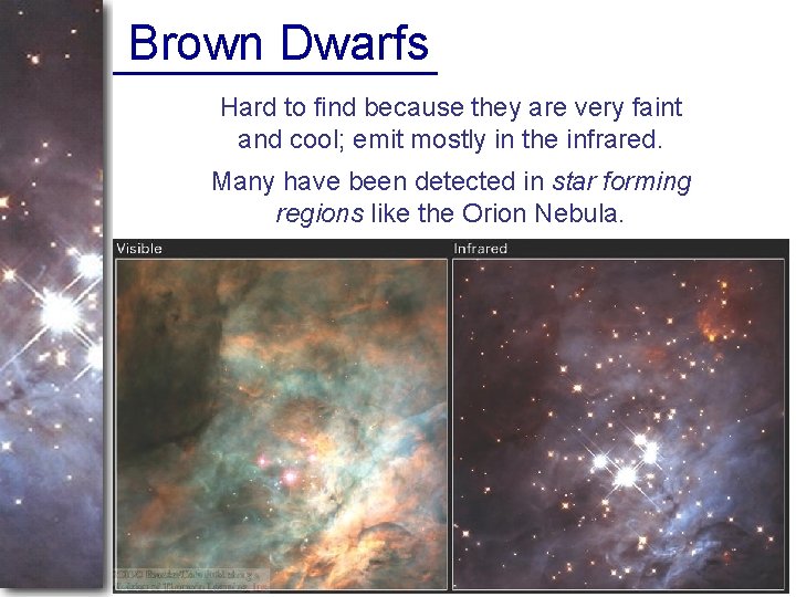 Brown Dwarfs Hard to find because they are very faint and cool; emit mostly
