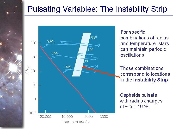 Pulsating Variables: The Instability Strip For specific combinations of radius and temperature, stars can