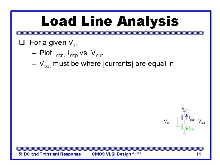 Load Line Analysis q For a given Vin: – Plot Idsn, Idsp vs. Vout