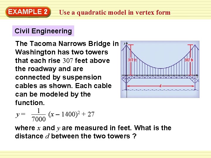 EXAMPLE 2 Use a quadratic model in vertex form Civil Engineering The Tacoma Narrows