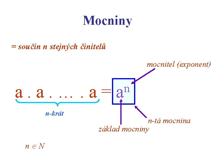 Mocniny = součin n stejných činitelů mocnitel (exponent) a. a. …. a= n-krát n