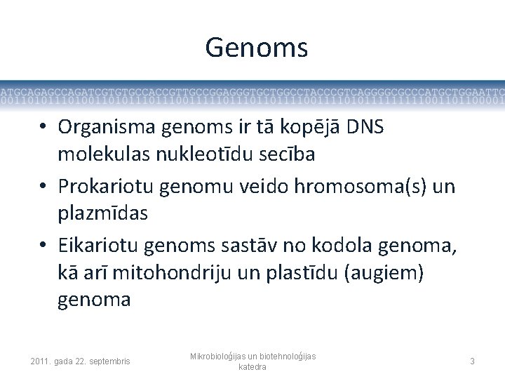 Genoms • Organisma genoms ir tā kopējā DNS molekulas nukleotīdu secība • Prokariotu genomu