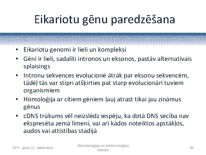 Eikariotu gēnu paredzēšana • Eikariotu genomi ir lieli un kompleksi • Gēni ir lieli,